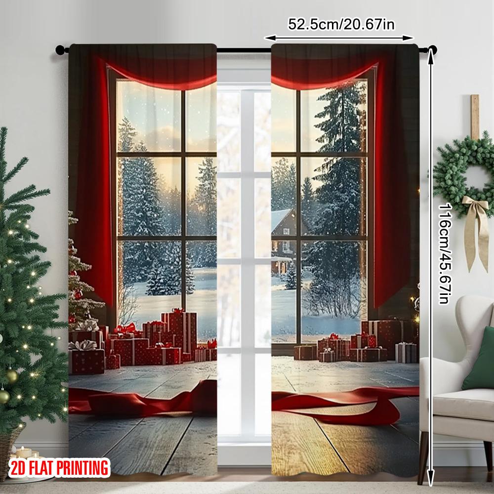 2 Stück 2D Flachdruck Frohe Weihnachten Beliebte Vorhänge Fensteransicht und Schneewald Vielseitig Langlebig Polyester Ohne Strom