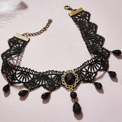 1 Collar de Encaje Negro de Halloween Vintage Corte Gótico Personalizado con Gema Negra Adecuado para Fiesta y Festival Regalos-802144
