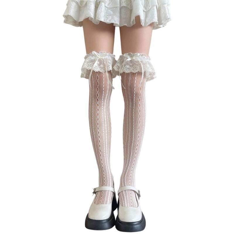 Fishnet Over The Knee Socks With Ruffle Lace Edging And Ribbon Bows Accent Aesthetic Thigh High Stockings For Women