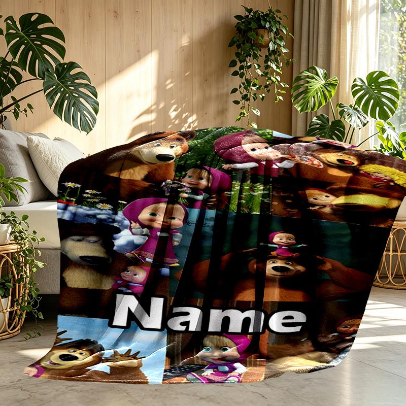 Custom Name Personalized Masha and The Bear Print Blankets, Home Decor, Bedroom, Sofa, Camping, Couch, Gifts for Birthday Christmas