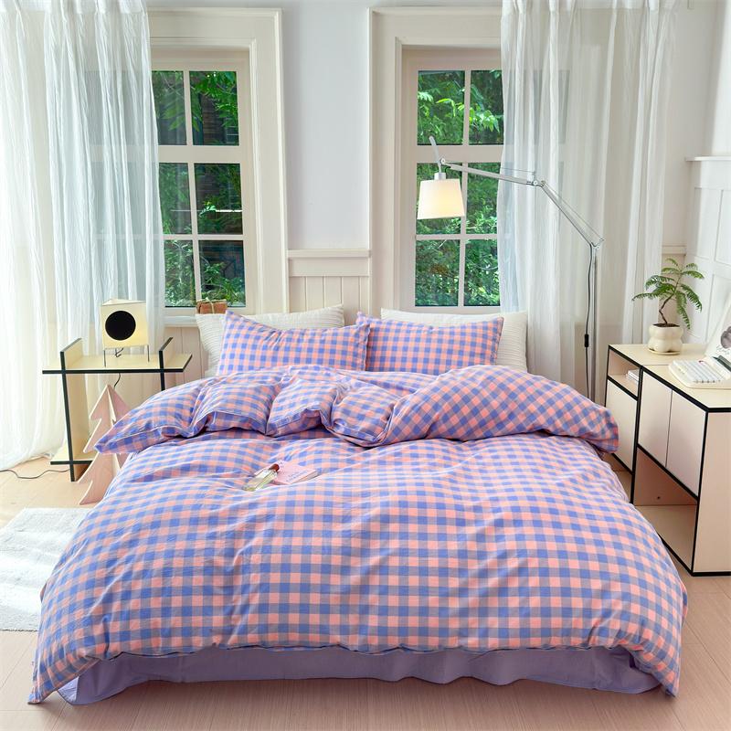 

100% Cotton Colorful Plaid Duvet Cover Set Girls Women Bedroom Purple and Pink Striped Reversible Bedding Comforter Cover 3 Pcs Single 150x200cm