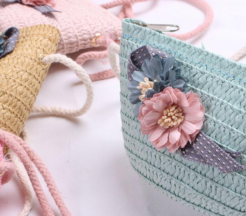 Cute Bowknot Flower Kids Straw Hat + Straw Crossbody Bag Set Baby Outdoor Sun Hat Summer Beach Straw Cap Straw Rattan Bag