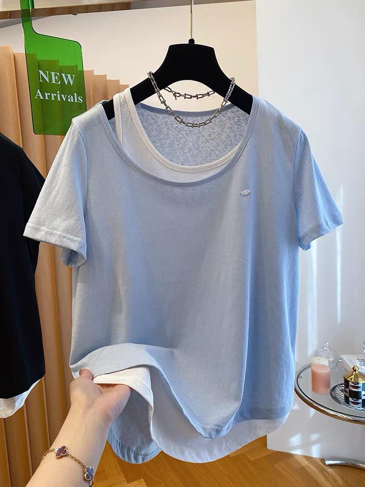 Plus Size Korean Snowflake Cotton Two-Piece Look T-Shirt, Women's Short Sleeve, Loose Casual Top (2026)