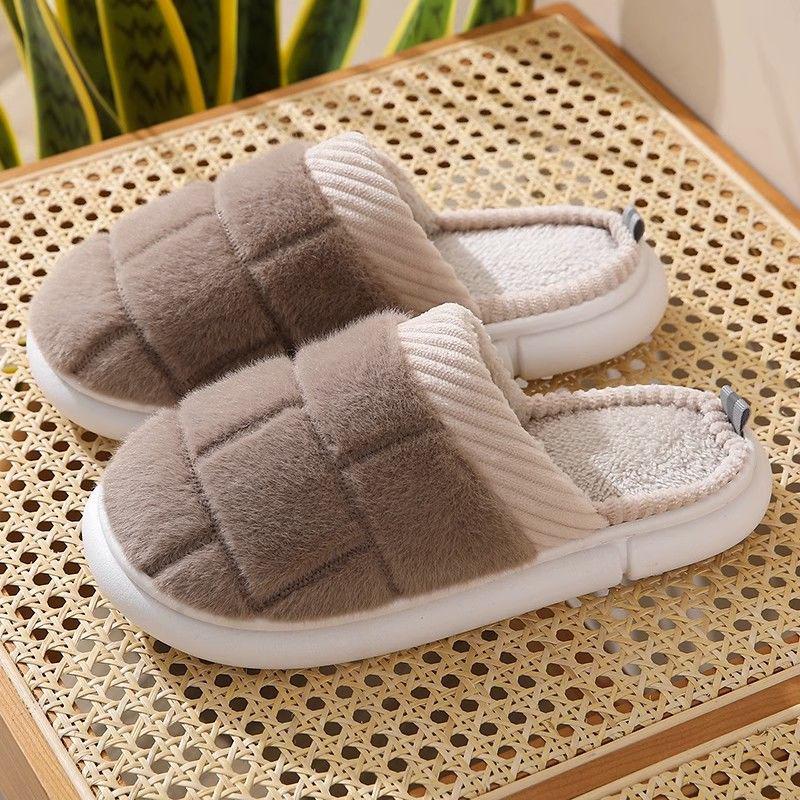 Women's & Men's Plush Cotton Slippers - Non-Slip, Thick Sole, Warm Indoor Footwear for Autumn/Winter