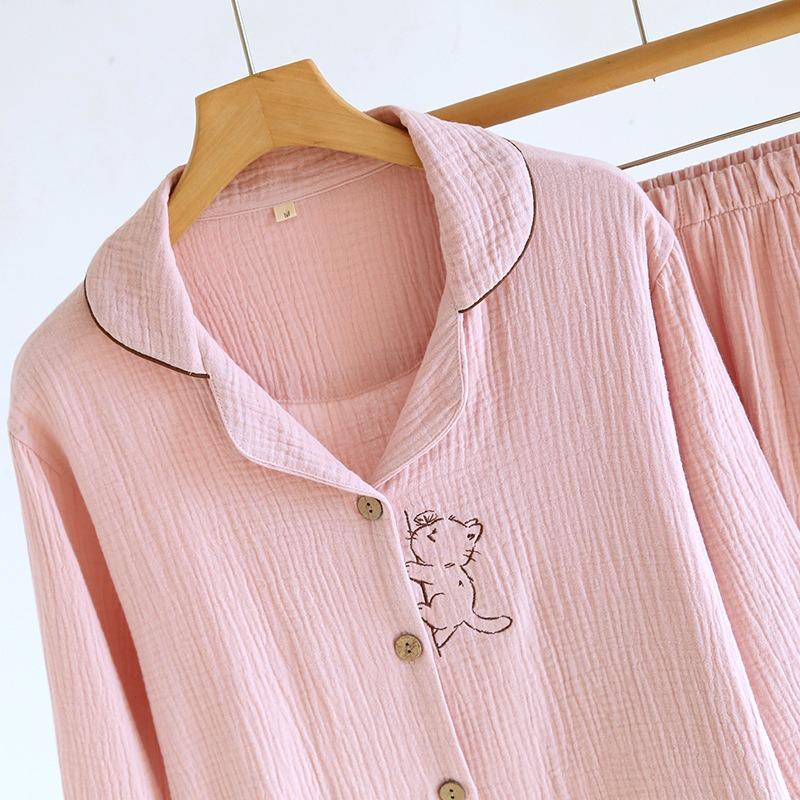 2026 New Spring and Autumn Women's Pajama Set 100% Cotton Crepe Solid Color Cat Long Sleeve Sweet Home Clothes Two Piece Set