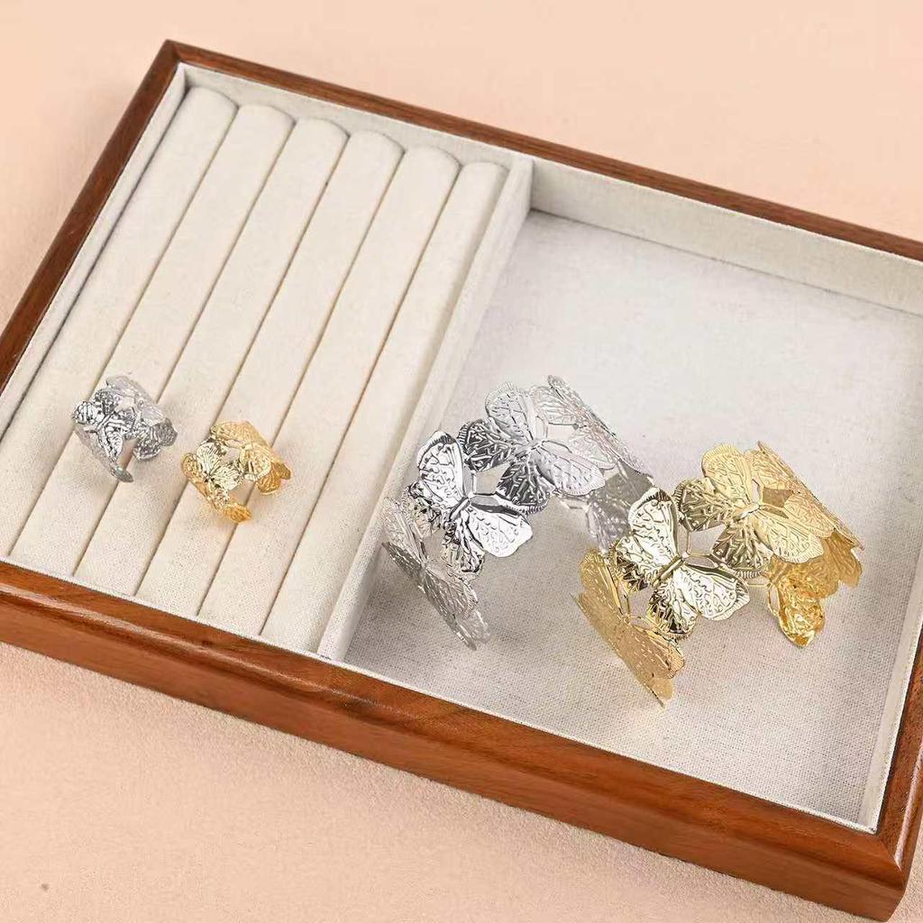 Exquisite Double-Layer Metal Butterfly Texture Bracelet Ring Set