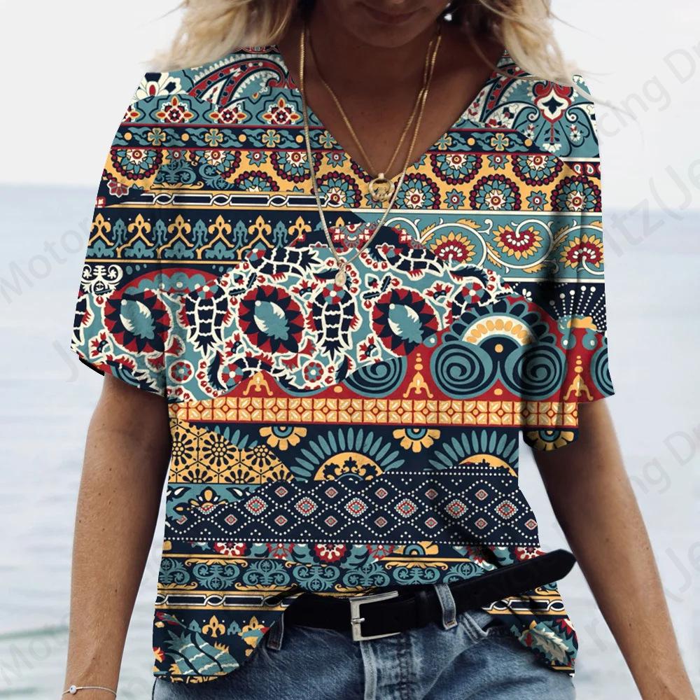 Women's T Shirt Vintage 3d Print T-shirt Women Fashion Casual V-Neck Short Sleeve Tops Tees Ethnic T Shirt Geometric Camisetas