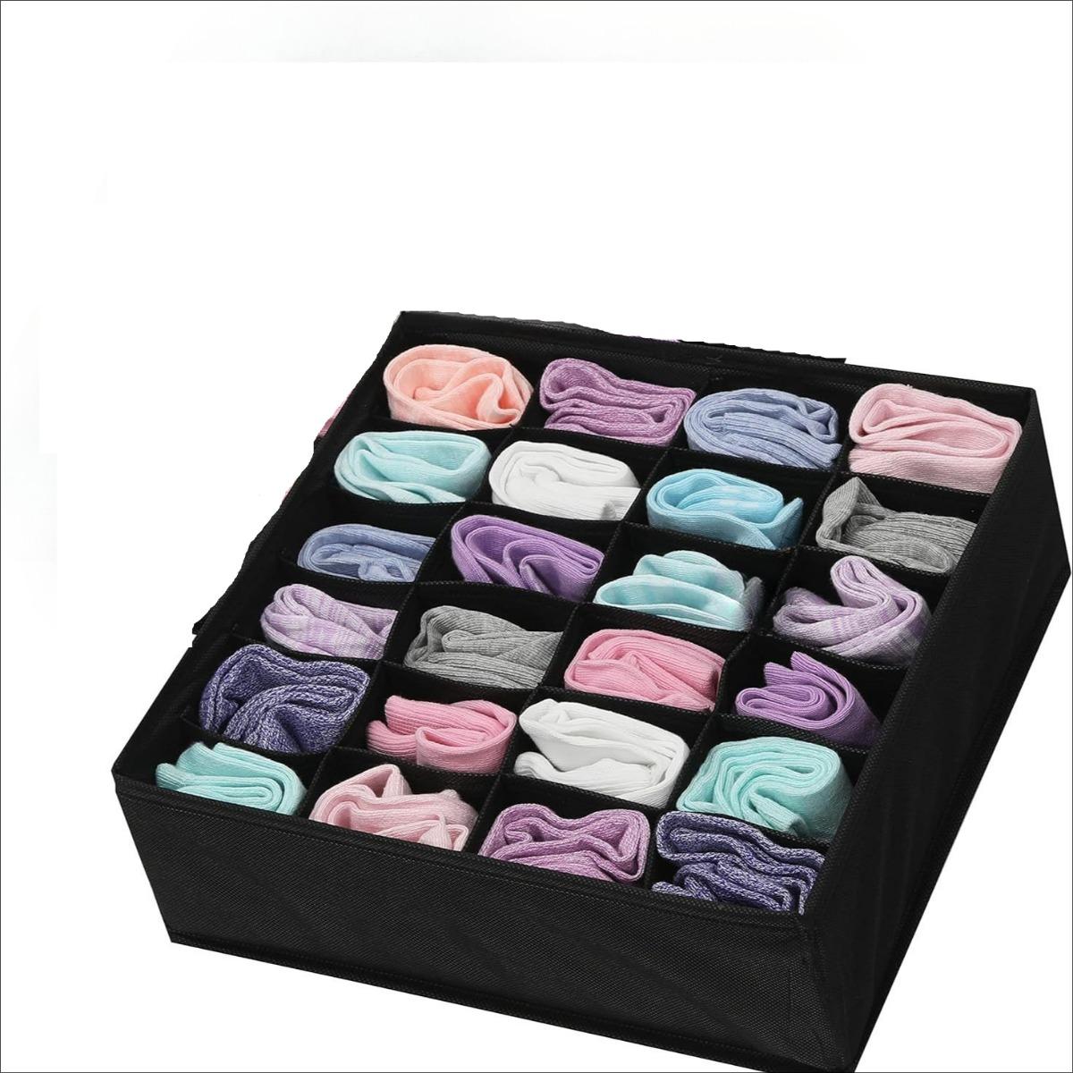 

Складной органайзер на 24 отделения для носков, нижнего белья, галстуков и аксессуаров - складной, устойчивый к плесени тканевый разделитель для хранения чёрный