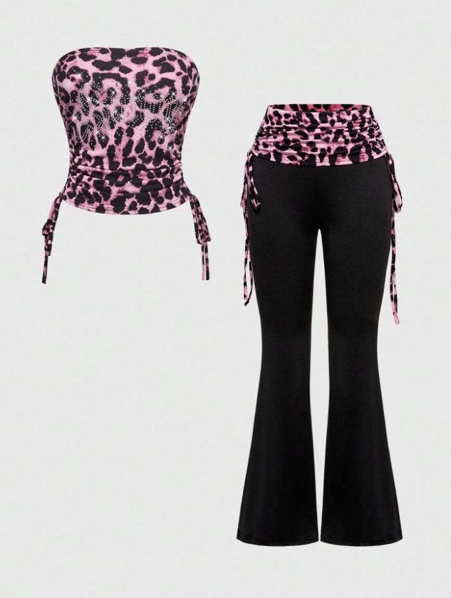 American Autumn Leopard Patchwork Y2K One-shoulder Strapless Backless Tank Top & Pants Set