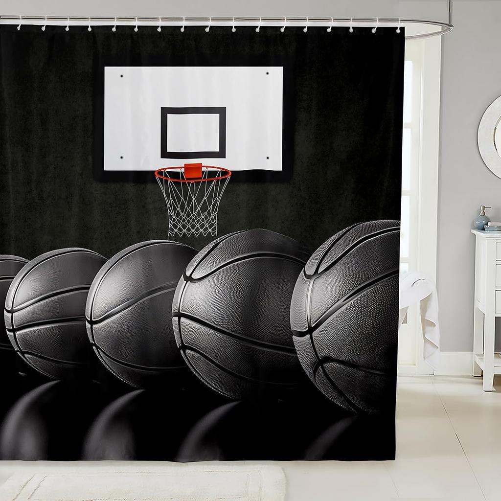 Basketball Shower Curtain For Boys Teen Ball Sports Bath Curtain Waterproof Fabric Bathroom Accessories With Hooks