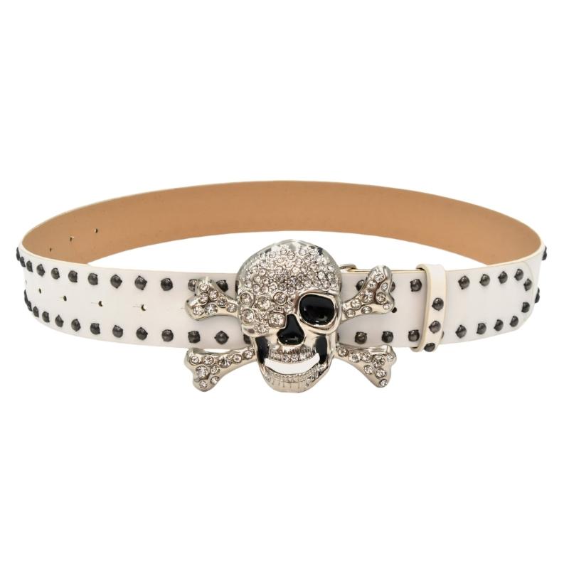 Металлический Череп Пряжка Ремень Со Сверкающими Стразами Прочность ПУ Кожа Западный Пояс на Талию Унисекс белый