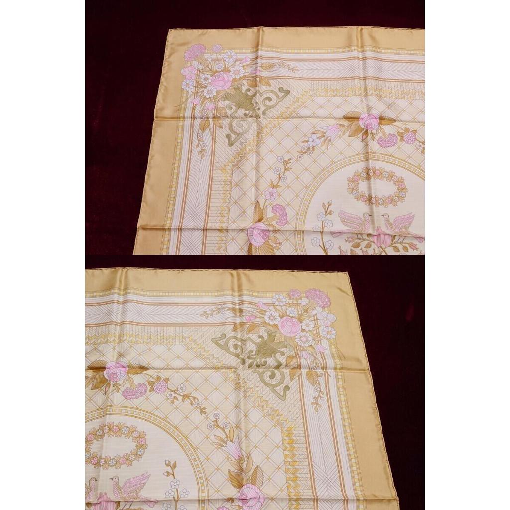 Used HERMES Carre 90 scarf JEUX DE PAILLE beige straw play floral wreath bird