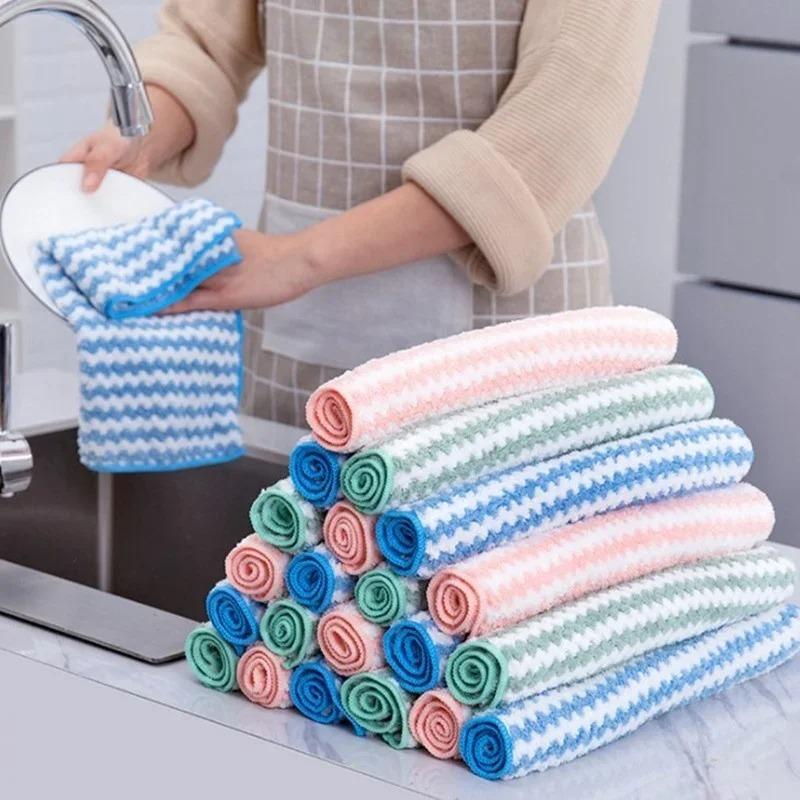 New Thickened Coral Fleece Cloth Wave Striped Cleaning Cloth Home Kitchen Cleaning Supplies Absorbent Cloths Dishwashing Cloths