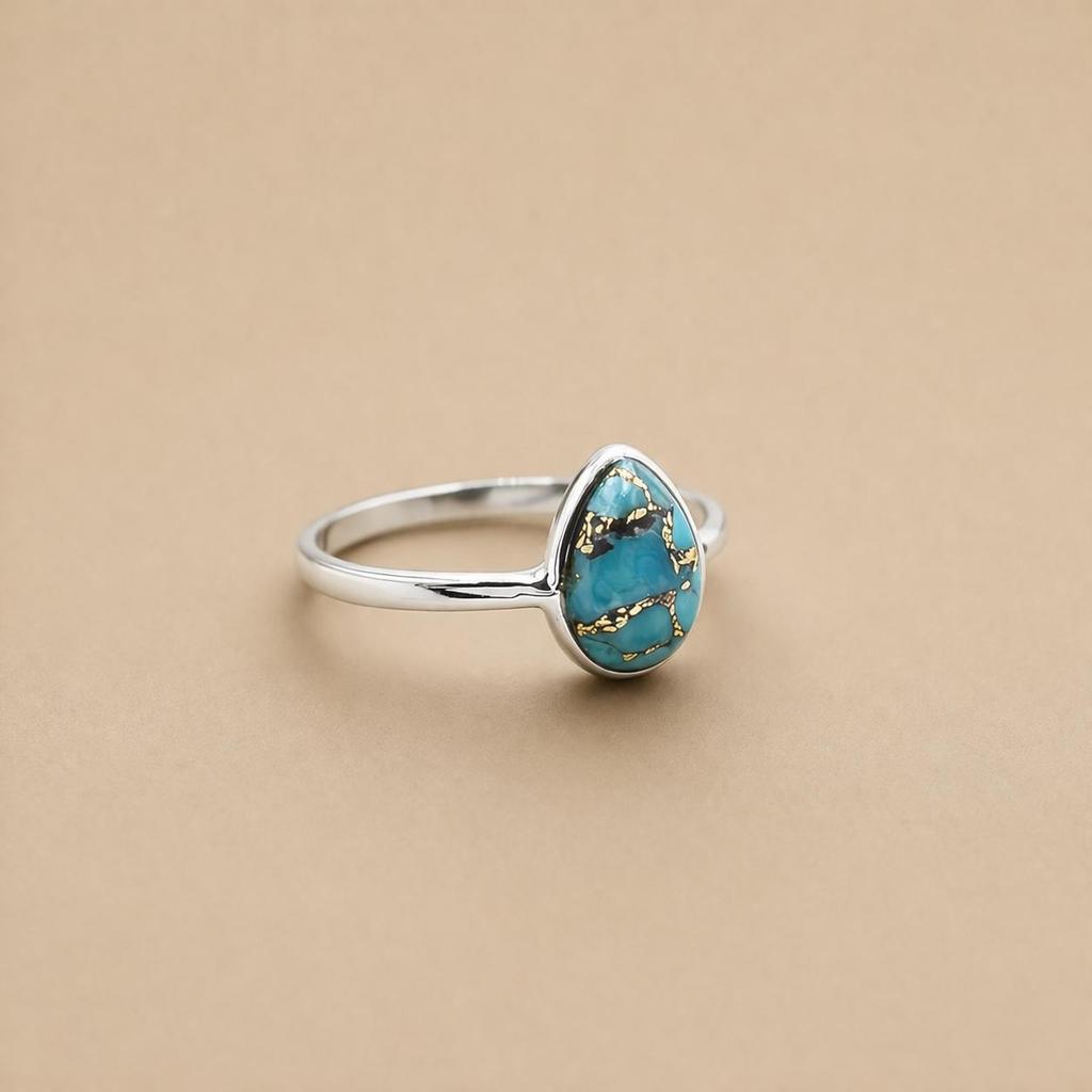 Blue Copper Turquoise Pear Ring 7x10mm, 925 Sterling Silver Statement Ring, Handmade Gemstone Jewelry