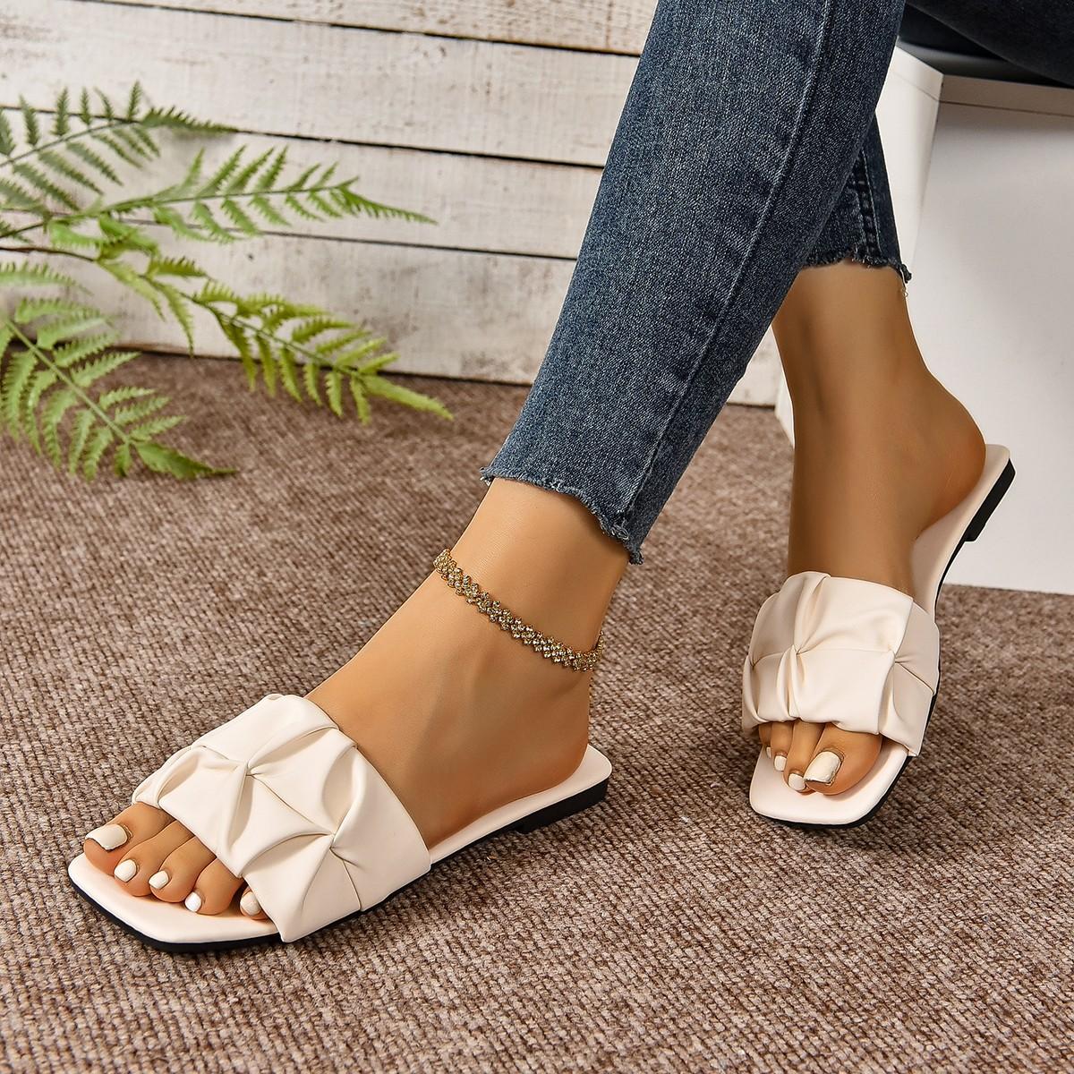 

Women s Shoes Summer Fashion Casual Pleated Flat Slippers Korean Style Large Size Square Toe Lightweight Comfortable Sandals 44