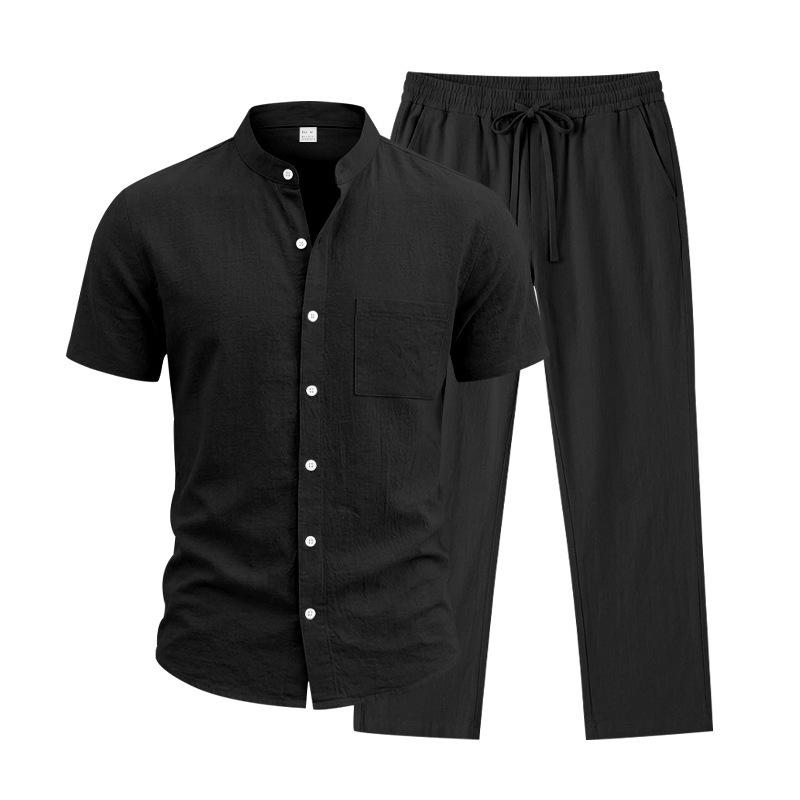 Men's Linen Short-Sleeve Henley Shirt & Long Pants Casual Sportswear Set