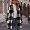 Herbstmode Damen Revers Langarm Locker Kariert Reißverschluss Doppelseitiges Fleece Lässiger Langer Mantel