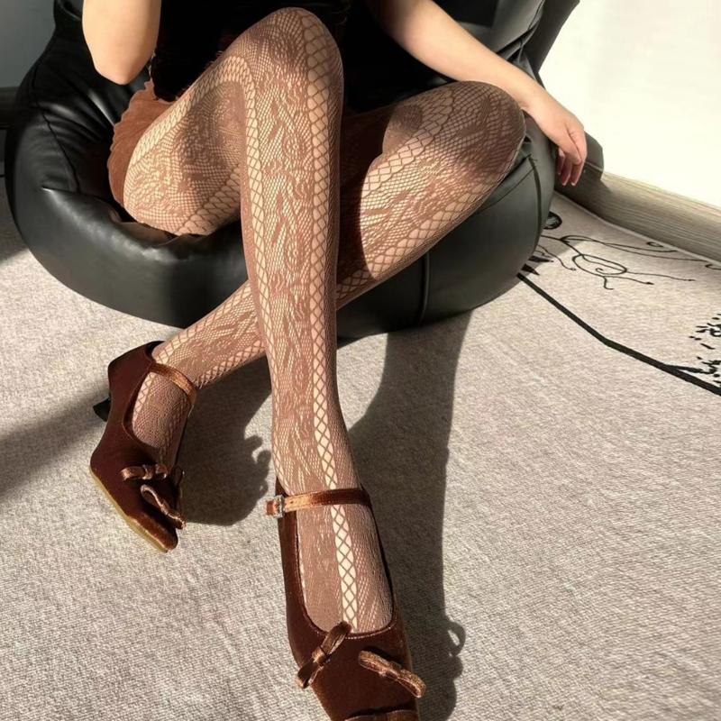 Women French Style Vintage Fishnet Pantyhose Rose Jacquard Patterned Sheer Mesh Tights Side Hollow Out Striped Stockings