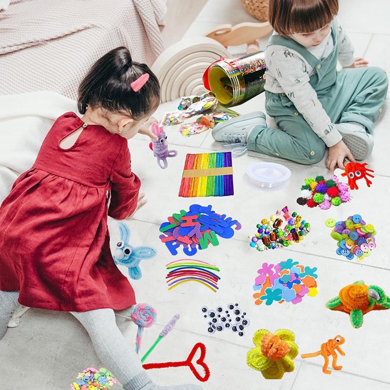 Children Puzzle Toys in Barrels Handmade DIY Material Package Gift Children Elastic Thread Feather Button Twisting Rod TMZ