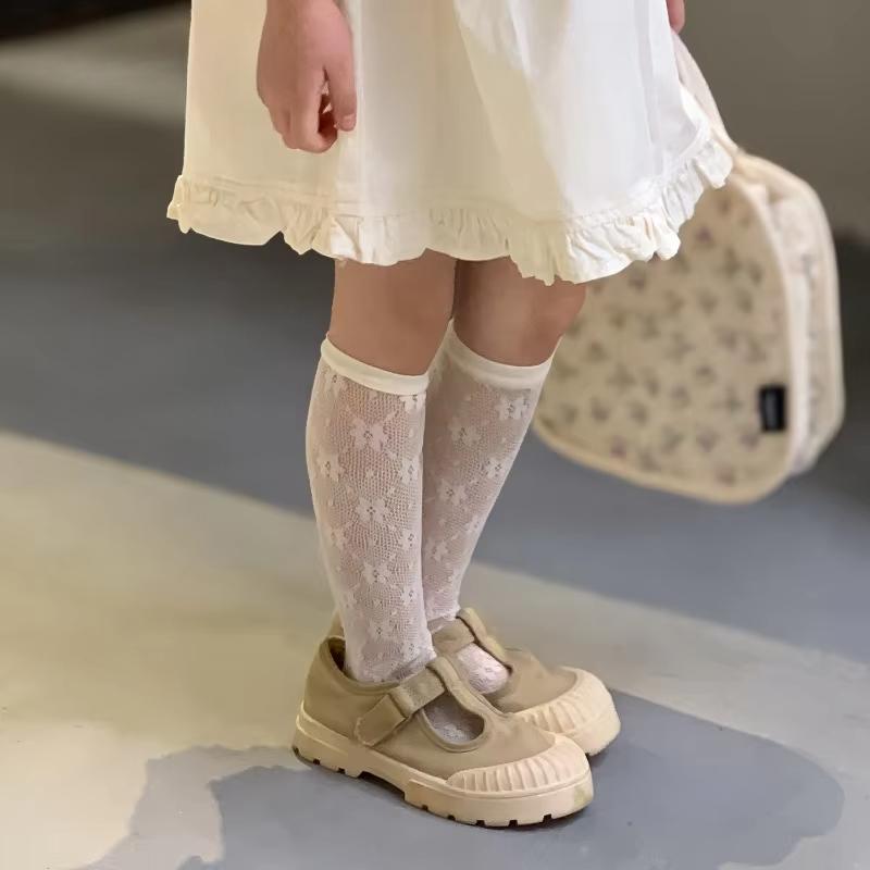 1 Pair Summer Mesh Socks for Kids Girl Solid Color Fashion Floral Children's Calf Sock Thin Breathable Elastic School Sock