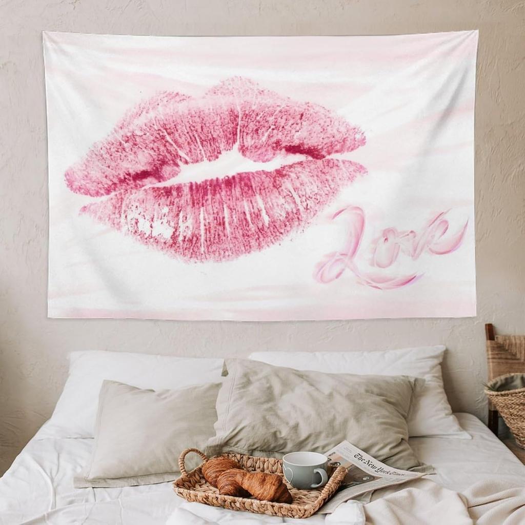 Smacget Pink Lips Tapestry for Teen Girl Women Bedroom Small Sexy Kissing Lover Lipstick Marks Tapestry Coquette Valentine Red Lips Decor Aesthetic