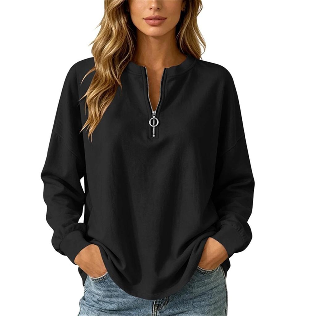 Damen Lockerer Pullover Sweatshirt Langarm Lässiges Oberteil mit halbem Reißverschluss Bequeme Alltagskleidung