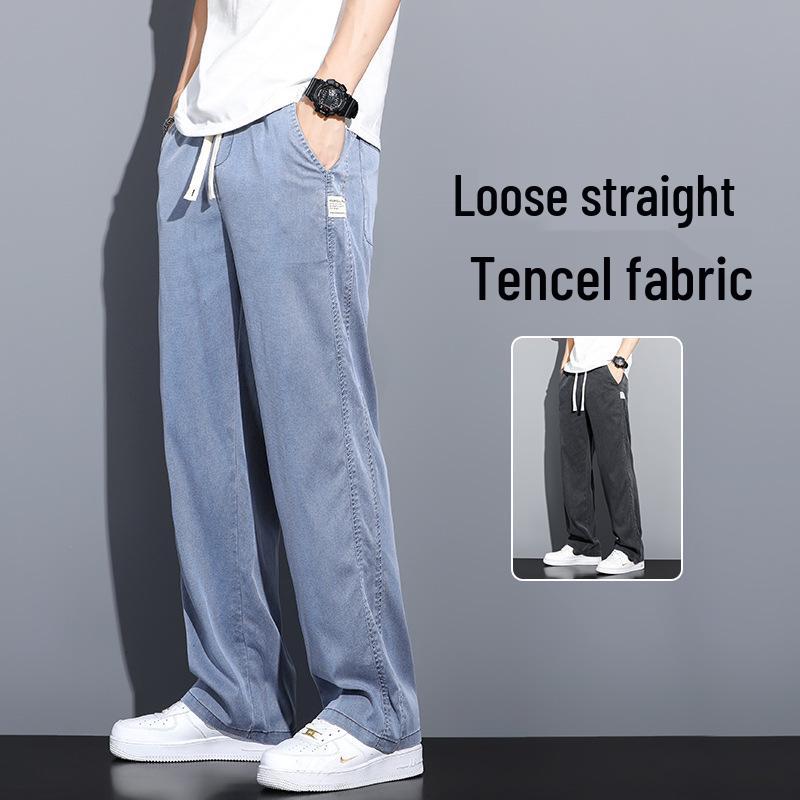 Men's Summer Tencel Jeans: Lightweight, Loose-Fit Straight-Leg Drawstring Sports Shorts, Trendy Workwear Casual Nine-Point Pants