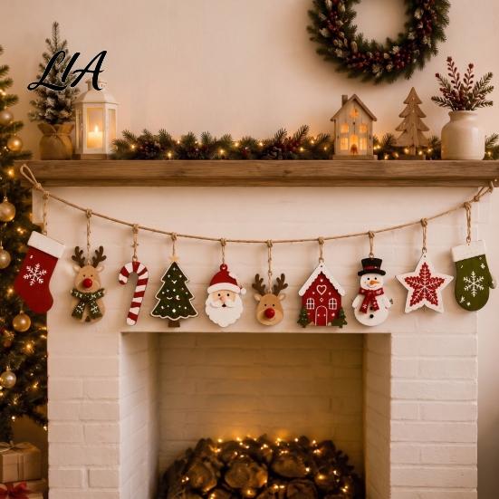 Seasonal Gift for Friends Family Vintage Christmas Hanging Bunting Garland, 2D Flat Wooden Snowman Elk Stocking Santa Decor Tree Claus Banner Holiday