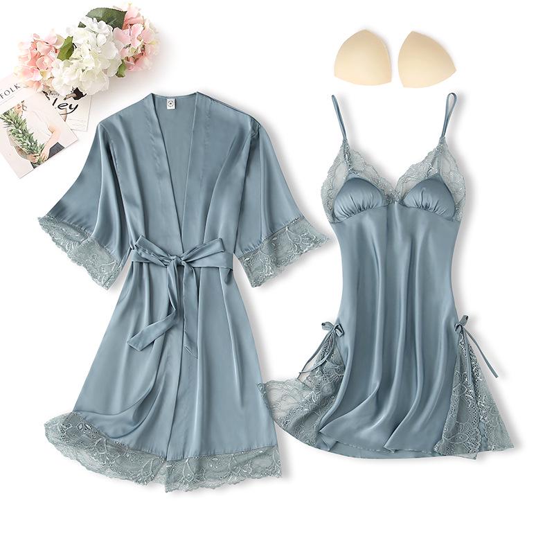 Sexy Pure Desire Lace Pajama Set: Solid Color Slip Dress with Tie-Up Morning Robe