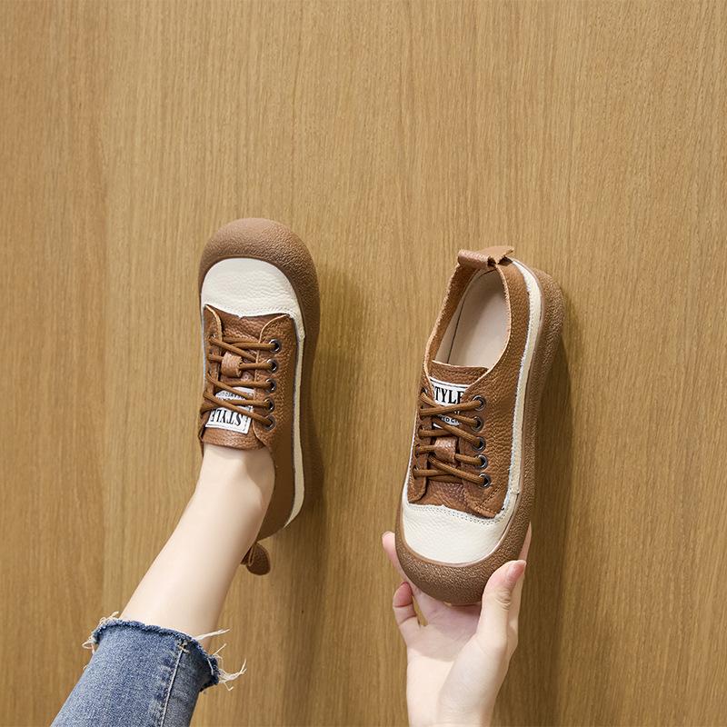 The First Layer of Cowhide Retro Leather Single Shoes Women's 2025 Autumn New Big Head Casual Board Shoes Soft Sole Light Casual Shoes