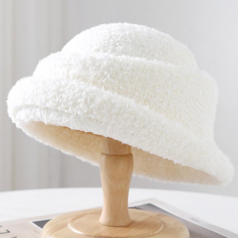 Solid Color Bucket Hat Autumn and Winter Women's Fashion Warm and Cold Basin Hat Light Plate Plush Rabbit Hair Blend Simple and Versatile