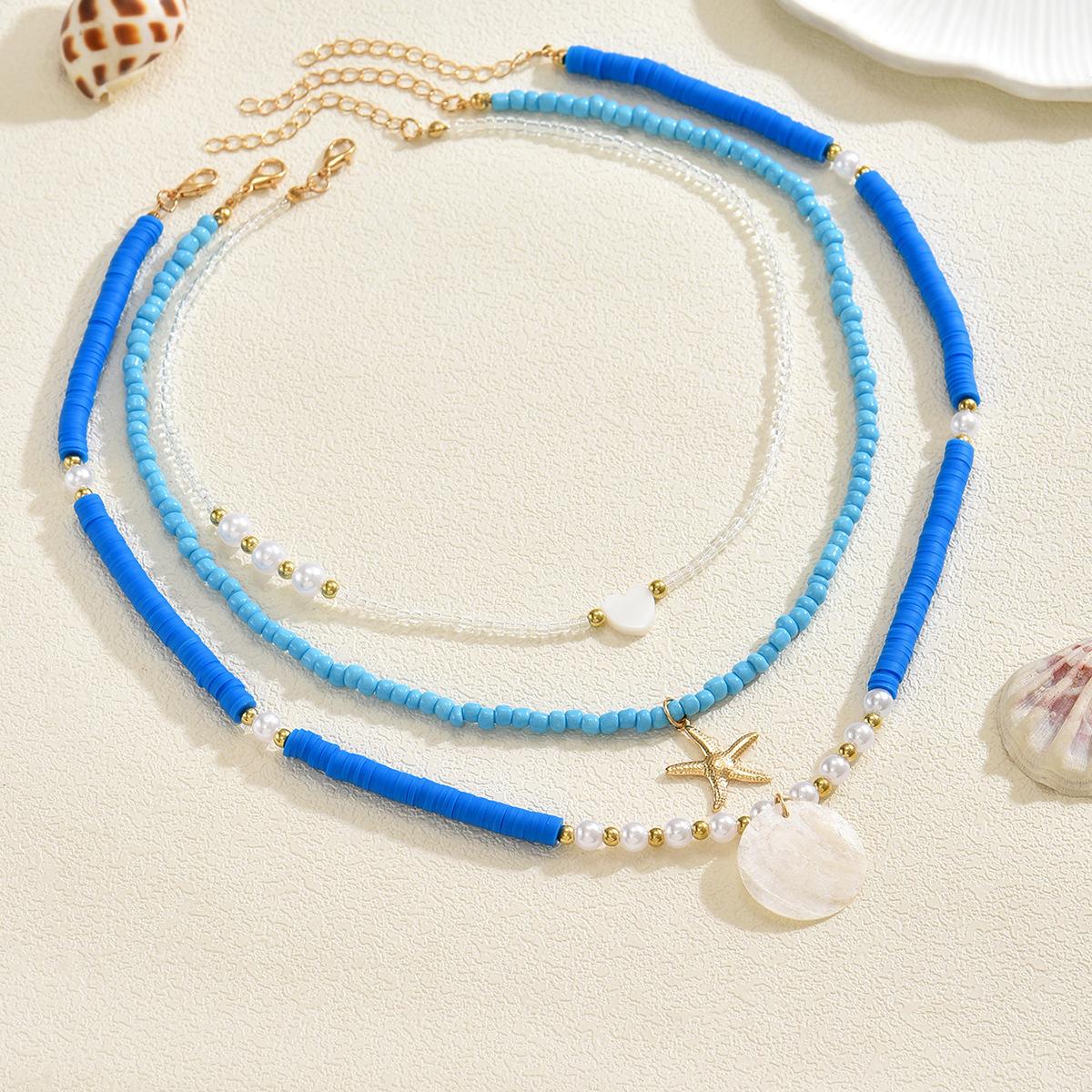 Bohemian seaside necklace wholesale European and American blue soft pottery beaded pendant vacation wind starfish collarbone chain