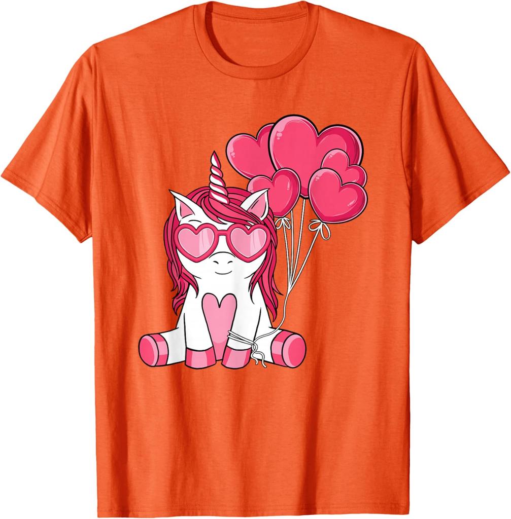 T-shirt Graphique Licorne Mignonne Avec des Ballons en Forme de Cœur Saint-Valentin Respirant Décontracté Manches Courtes pour Filles Enfants