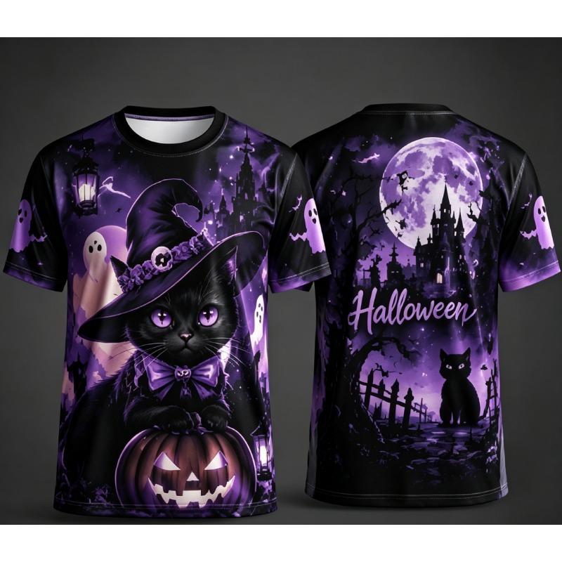 Herren Halloween 3D-Druck T-Shirt Anime Hexe Mädchen Kürbis Fledermaus Orange Schloss Mond Grafik Kurzarm Party Oberteile