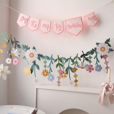 Double Sided Flower Paper Banner Spring Theme Floral Leaf Flower Leaves Garland Romantic Cartoon Party Scene Prop Wedding Decor