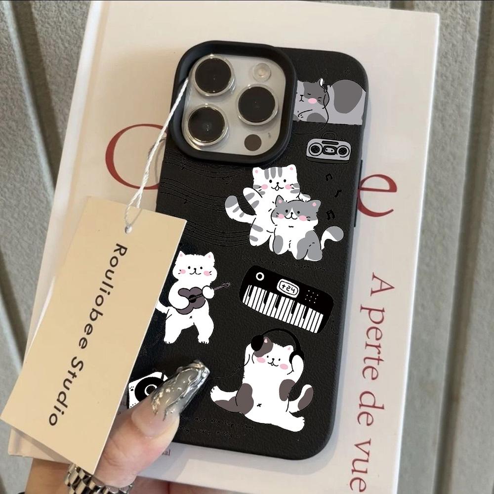 HOT Lovely Guitar Music Cat Lichee leather pattern Phone Case For Redmi Note 14 13 12 11 10 9 8 Pro Plus 4G 5G Shockproof Cover