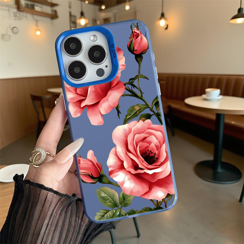 Pink Roses with Green Foliage Shockproof Phone Case for Iphone 16 15 14 13 12 11 Pro Max/Mini Anti-Scratch Premium Hard Cover