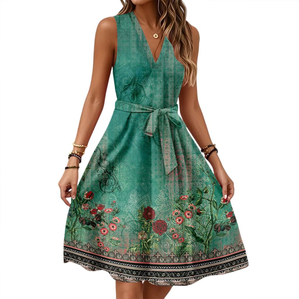 Damen Frühling Und Sommer Lässiges V-Ausschnitt Ärmellos Tailliertes Vintage Bedrucktes Midi-Kleid