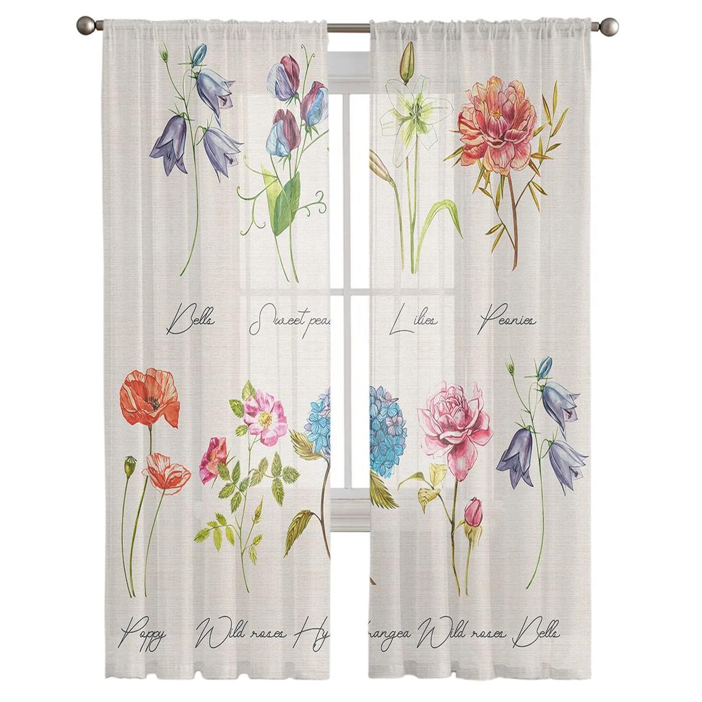 Vintage Flowers Herbaceous Plant Linen Texture Tulle Curtains For Living Room Kitchen Sheer Voile Curtain Bedroom Window Panels