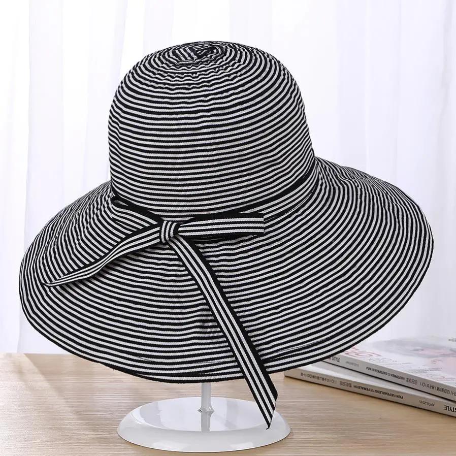 WTEMPO Summer Striped Colth Wide Brim Outdoor Sunscreen Hats Women's Solid Color Casual Versatile Large Bow Sun Hats