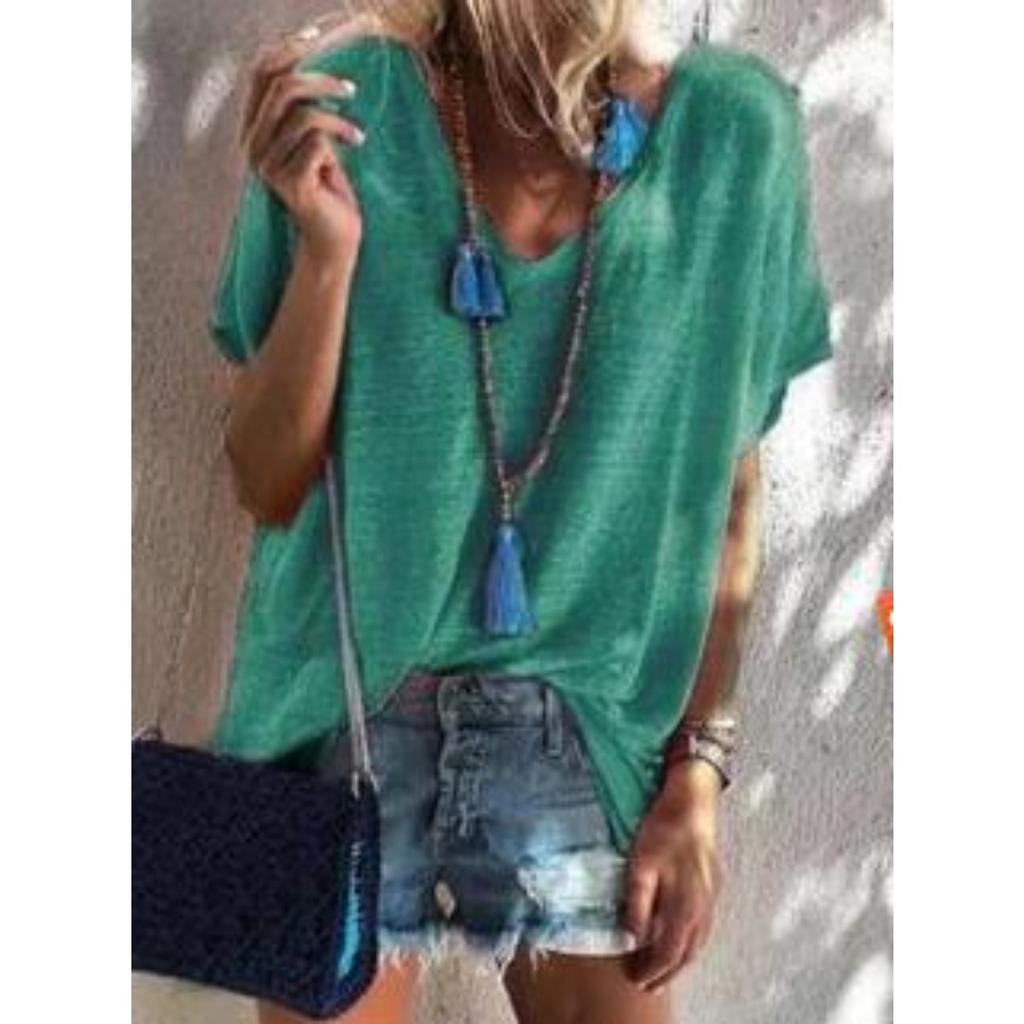 Summer Candy Color Plus Size Loose V-neck Short Sleeve T-shirt for Women Casual Light Streetwear Top