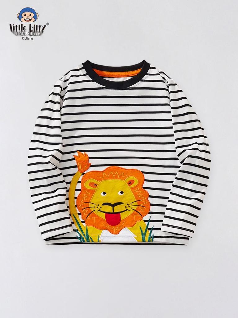 2025 Autumn/Winter Children's Long-Sleeve T-Shirt with Cartoon Lion Embroidery and Floral Design