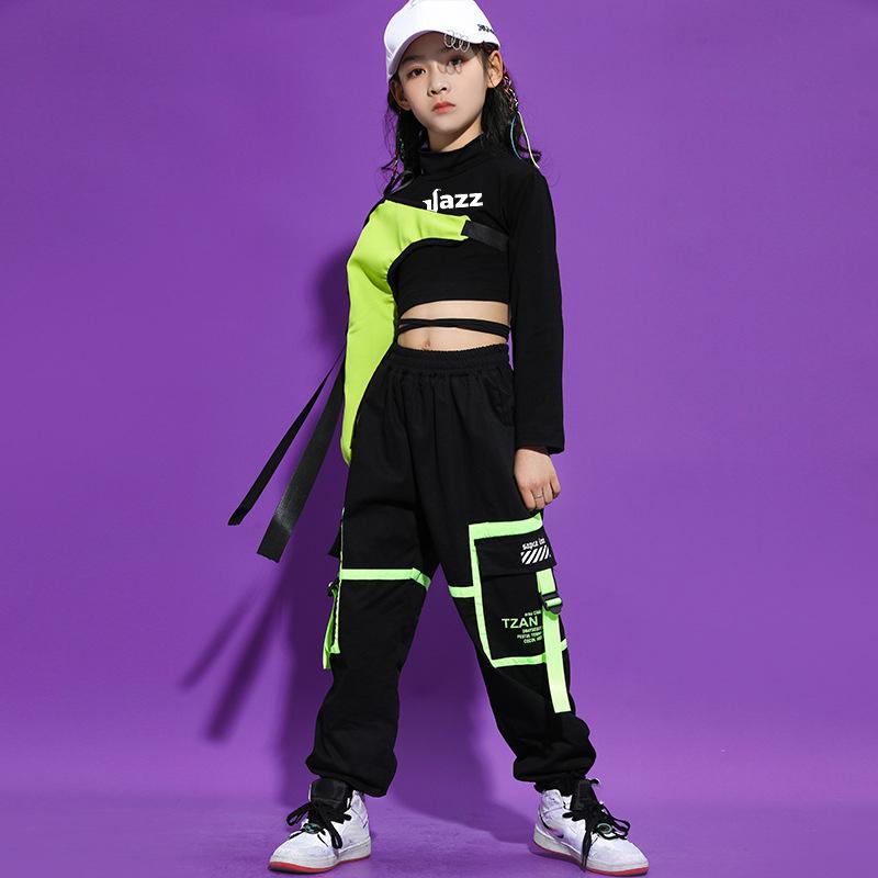 Girls Hip Hop Dancewear Short Top + Half Sleeve + Elasticated Trousers 3 Piece Sportswear Set