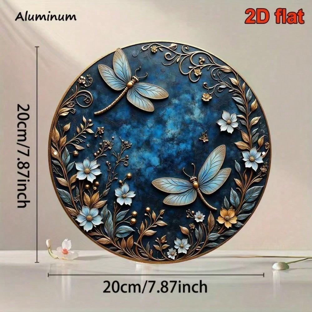Vintage Gold Dragonfly Floral Metal Wall Art 8 Inch Retro Blue Aluminum Sign Living Room Bedroom Decor