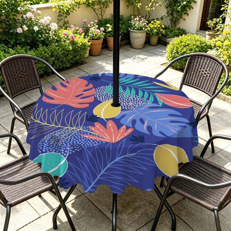 Outdoor Round Tablecloth With Umbrella Hole Waterproof Oil Resistant Floral Leaf Patio Garden Deck