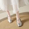 2025  Women's Office Ladies New Silver Black Square Toe One Strap Block Mid Heel Pumps Elegant Street Style High Heels Shoes