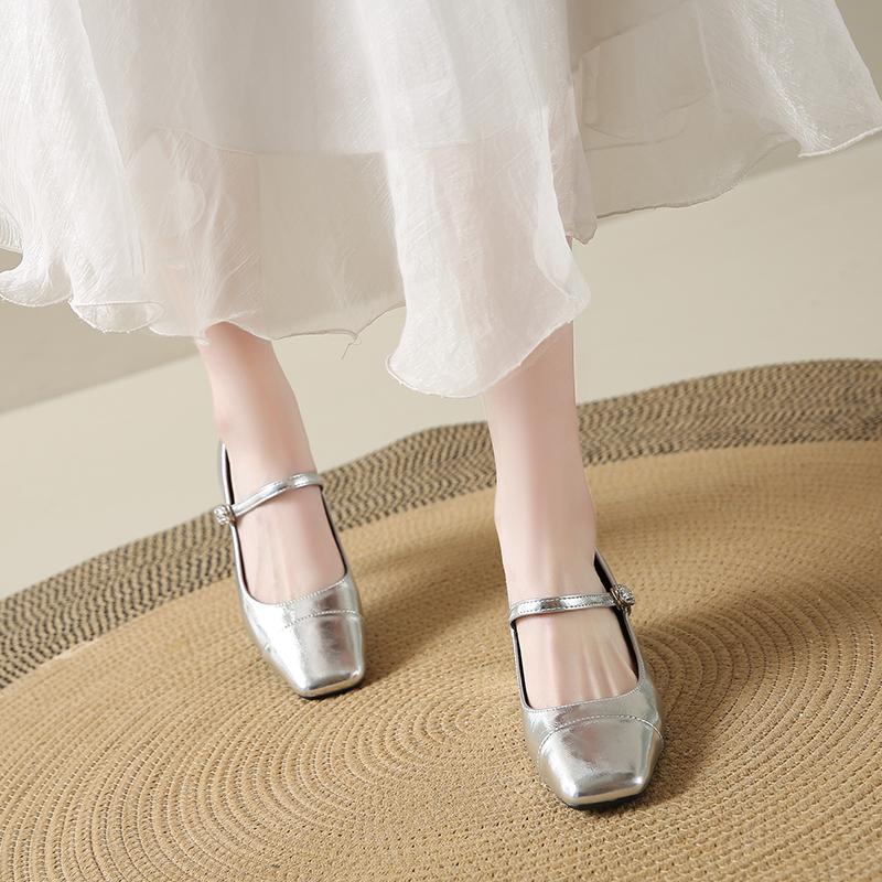 2025 Women's Office Ladies New Silver Black Square Toe One Strap Block Mid Heel Pumps Elegant Street Style High Heels Shoes