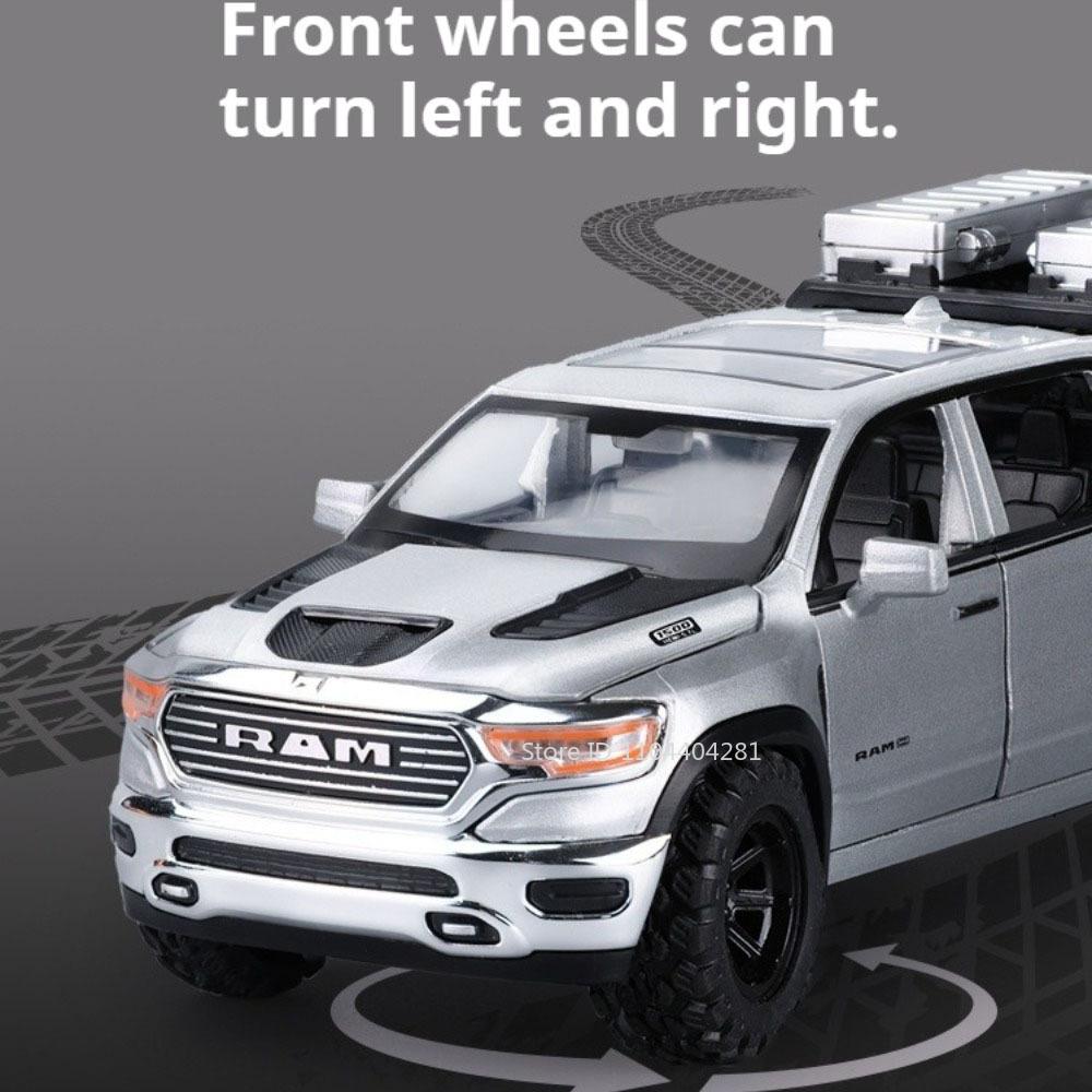 1:32 RAM Mammoth Pickup Model Alloy Diecast Cars Toys Front Wheel Steering Doors Opened Sound Light Pull Back Collecting Hobbies