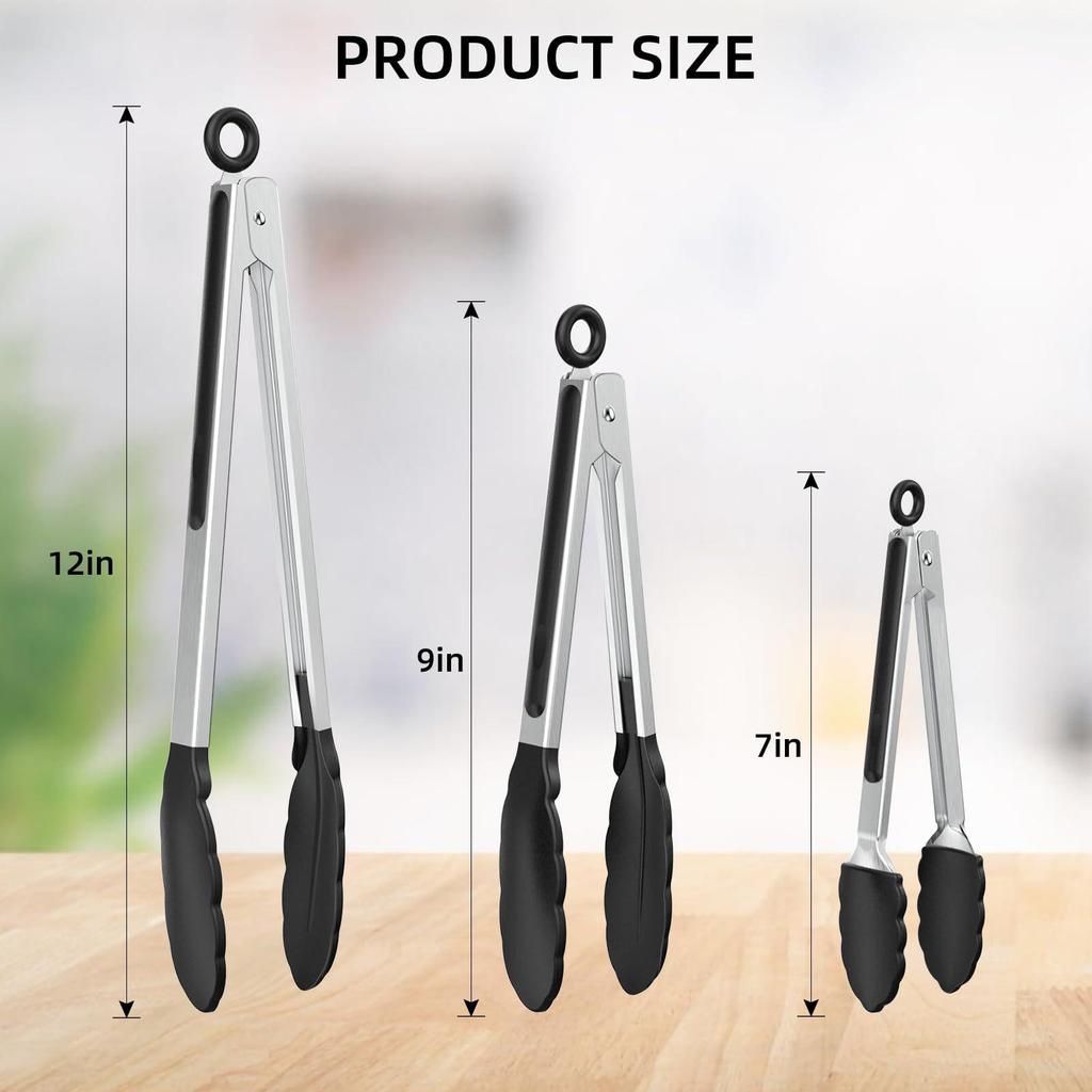 Silicone Food Tongs Set (3-Piece) - 7", 9", 12" Kitchen, BBQ, Steak & Grill Tongs