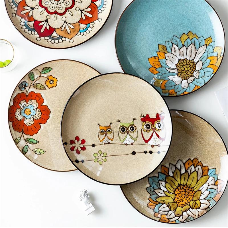 8-14 Inch European Circular Plate Cake Rack Fruit Tray Steak Plate Ceramic Hand-painted Disc Underglaze Fruit Creative Plate-B